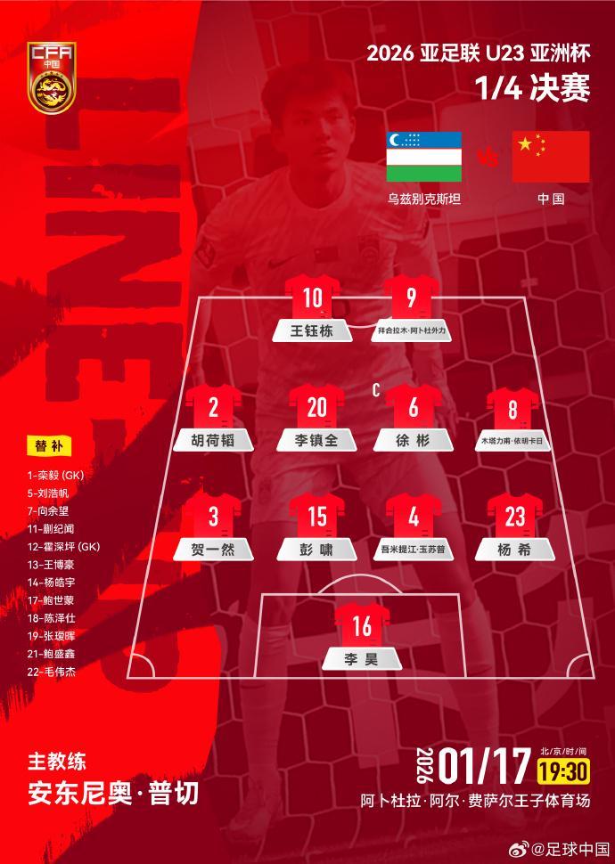 U23国足战乌兹别克斯坦官方阵型:4-4-2,胡荷韬位置灵活多变